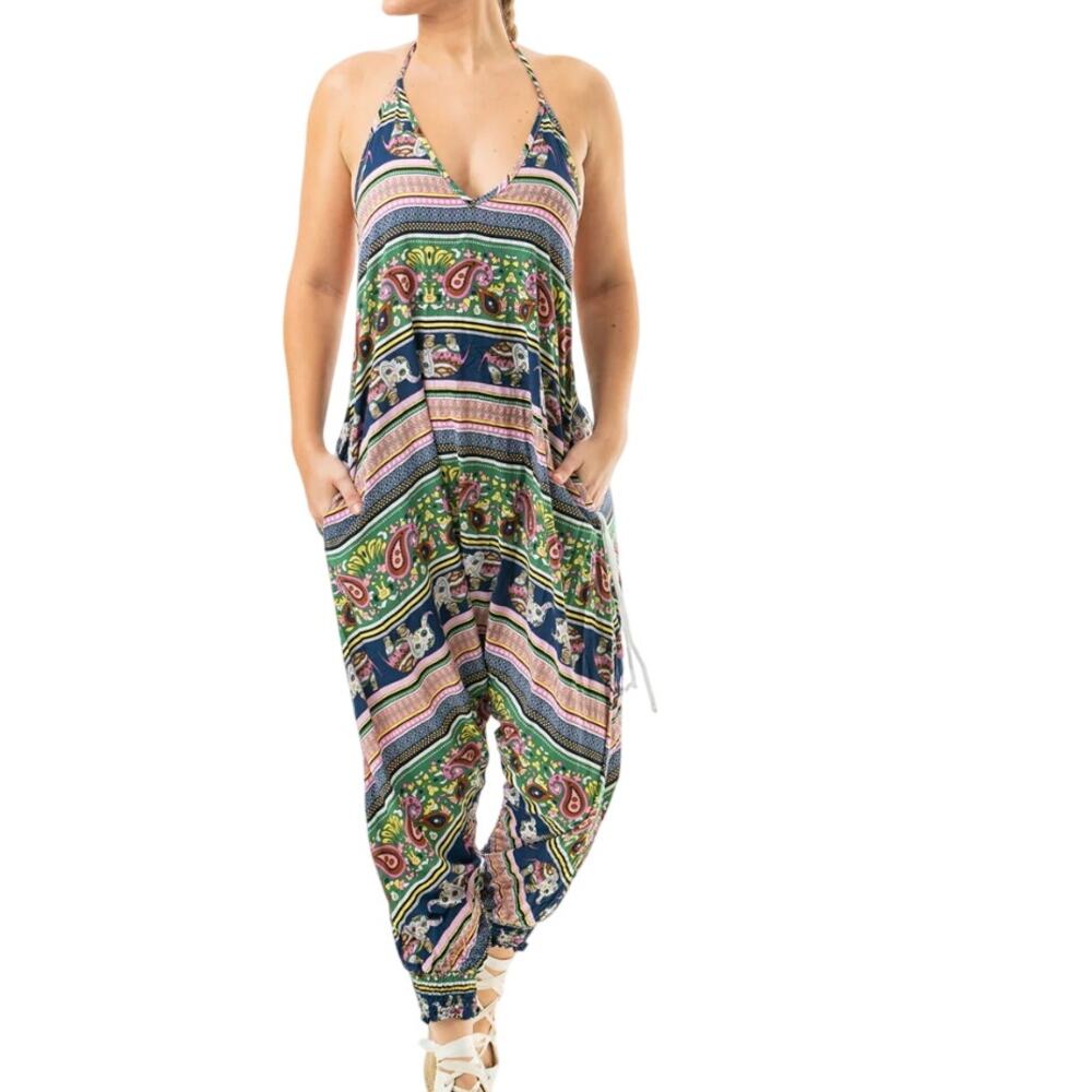 Buddha Pants Savannah Flair Harem Pink Stripe V-neck Elephant Halter Jumpsuit